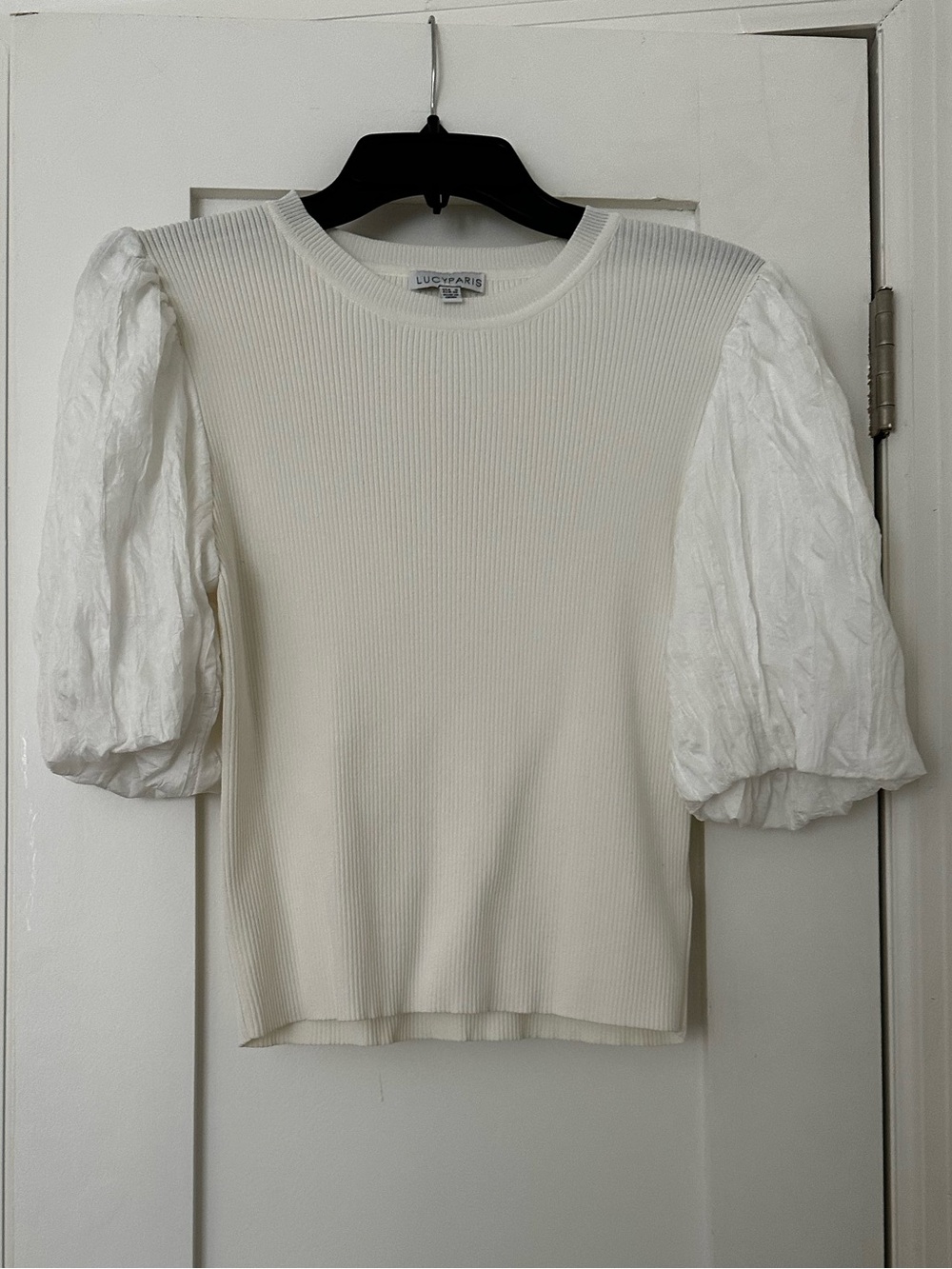 Lucy Paris Ivory Ribbed Top with Puff Sleeves
